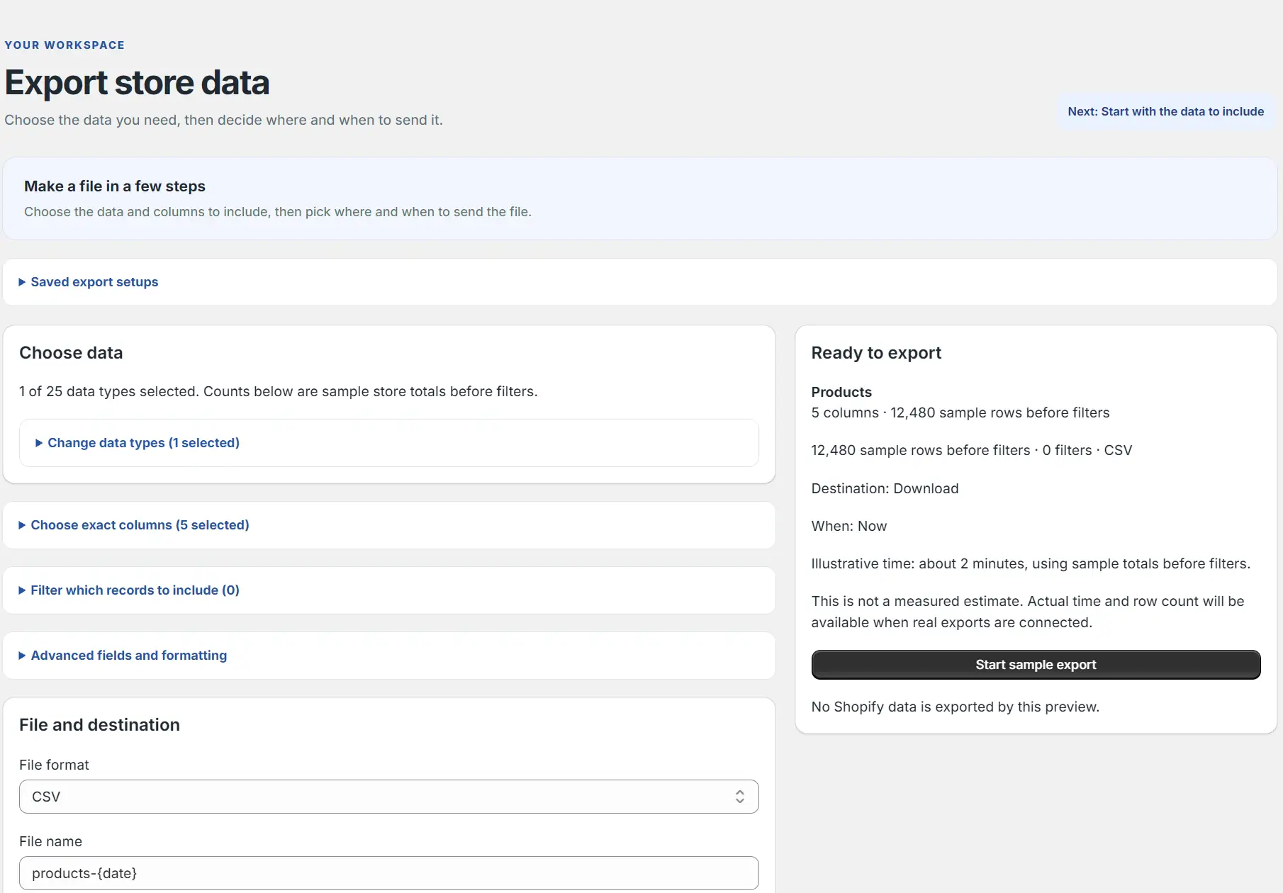 Export screen for selecting data, columns and output