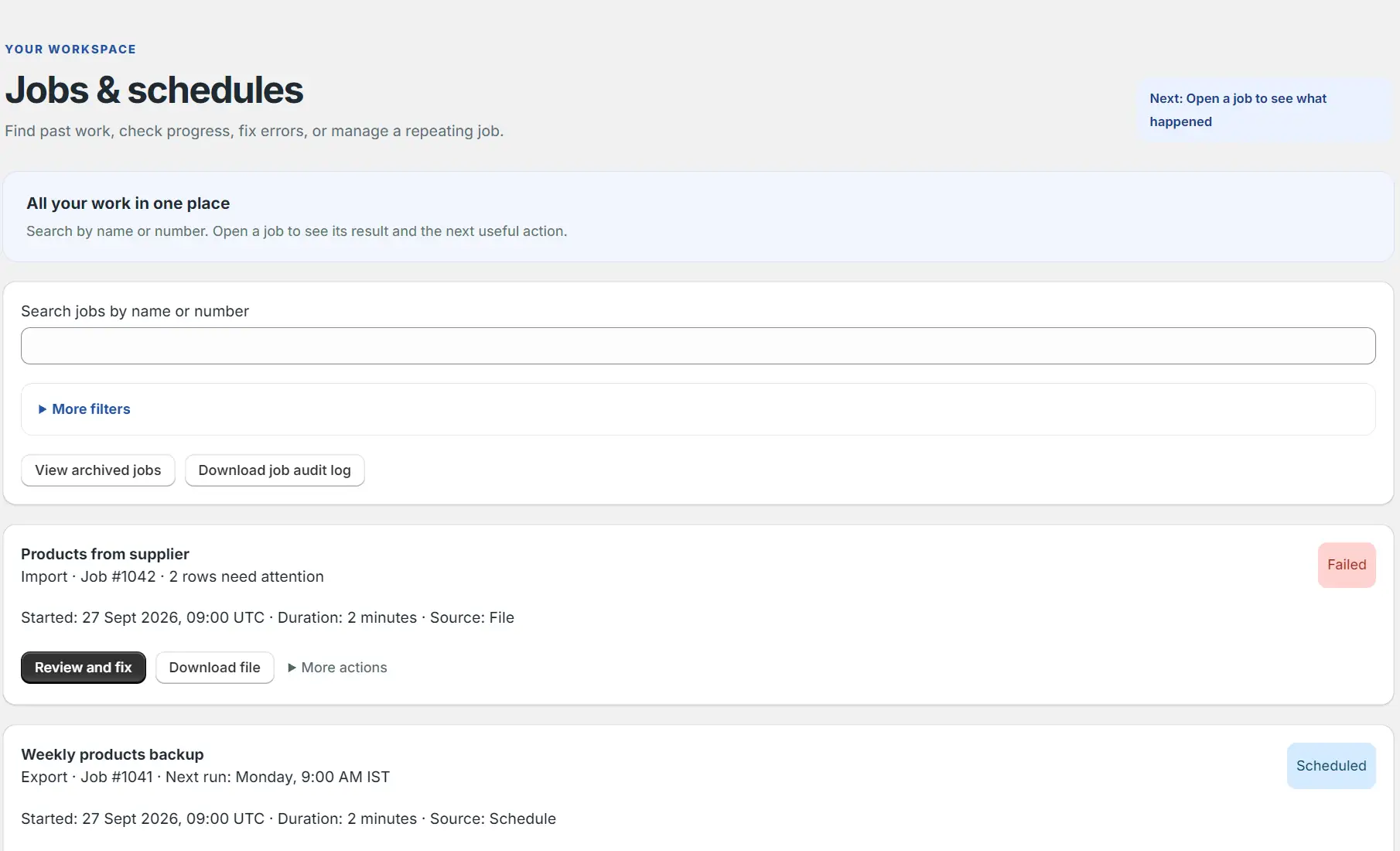 Jobs screen with search, statuses and download actions