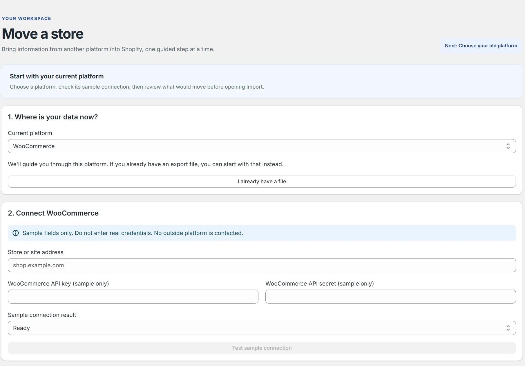 Migration screen for connecting a WooCommerce store