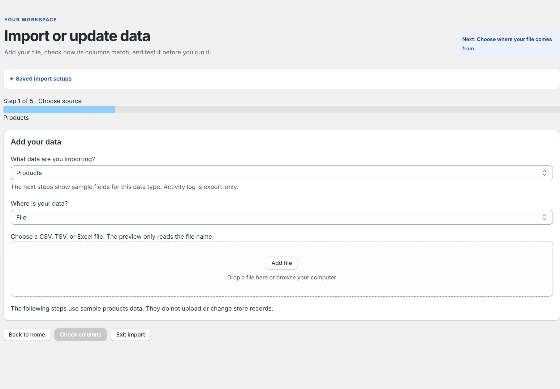 Import source screen for choosing data and a file