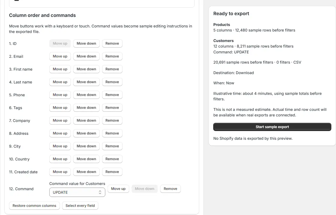 Export screen for reordering and selecting columns