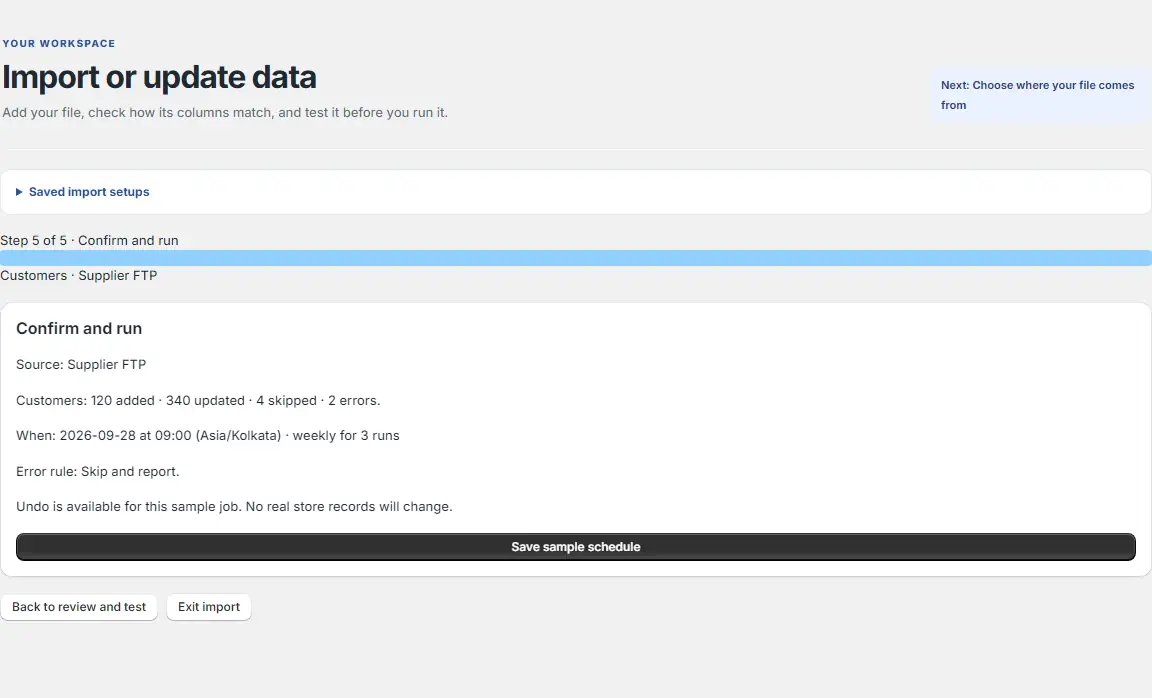 Import confirmation screen showing changes before a job runs