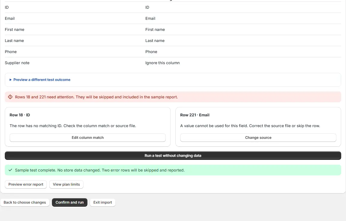 Import review screen naming rows that need attention