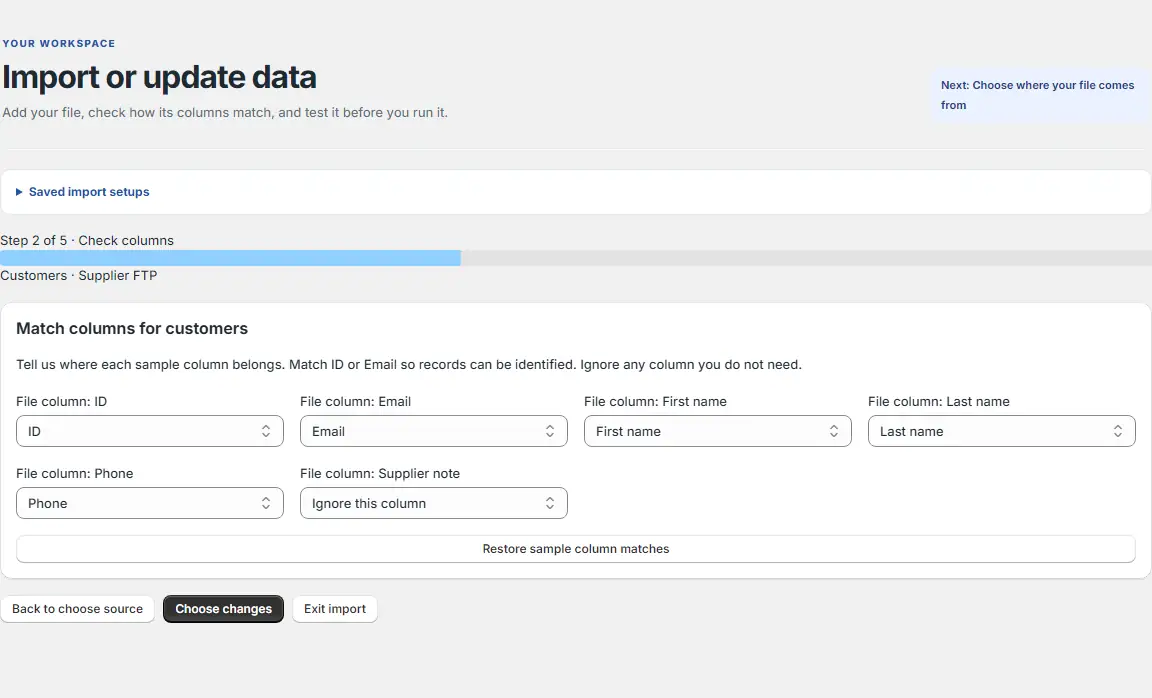Import field mapping screen matching source columns to store fields