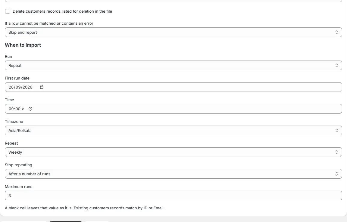 Import schedule screen with date, time and repeat settings